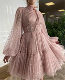 Verngo Pastel Pink Starry Tulle Short Prom Dresses With Long Sleeves High Neck Formal Party Gowns Glitter  Homecoming Dress