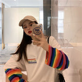 Black Friday Sales Rainbow Sleeve Harajuku T-Shirt Women's Stitching Long Sleeve T-Shirt Stripe Printing O-Neck Chic Tops  Summer Streetwear