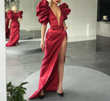 Abiballkleid Mermaid Evening Dresses  V-Neck Long Prom Gown Satin Robe De Soiree Side Split Sukienka Na Wesele