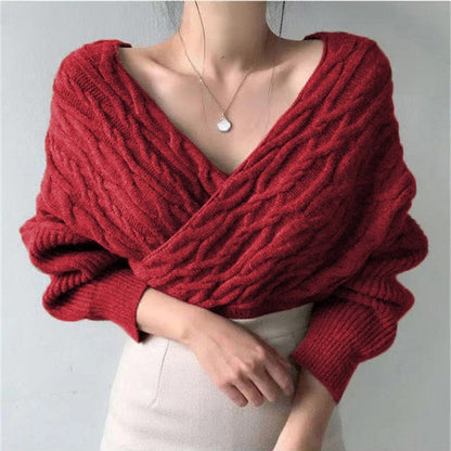 Christmas Gift  New  Winter Spring Women Sweaters Knitted V-Neck Cross Wild Korean Sexy Elegant Pullovers Ladies Jumpers SW1235JX