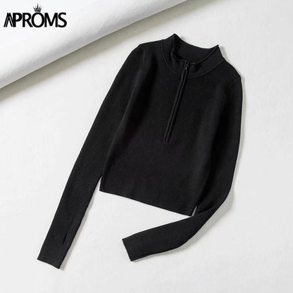 Christmas Gift Aproms Elegant High Neck Zipper Front Knitted Sweater Women Solid Basic Cropped Pullover Winter Spring Fashion Clothing Top