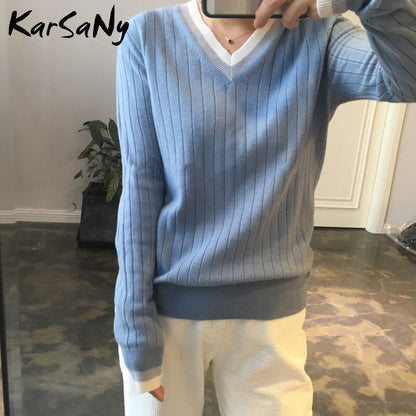 Christmas Gift Autumn V-neck Cashmere Sweater Women Vintage Jumper Blue Knitted Striped Sweaters For Women White Sweater Pullover Winter Warm