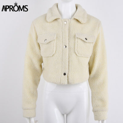 Christmas Gift Aproms Elegant Solid Color Cropped Teddy Jacket Women Front Pockets Thick Warm Coat Autumn Winter Soft Short Jackets Female