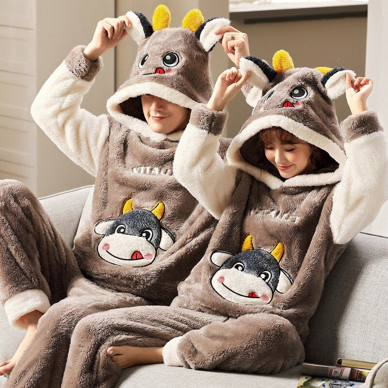 solvbao Couples Pajamas Set Coral Fleece Sleepwear Autumn Winter New Cute Lounge Wear Casual Pyjamas Suit Nightwear Panda Home Clothes