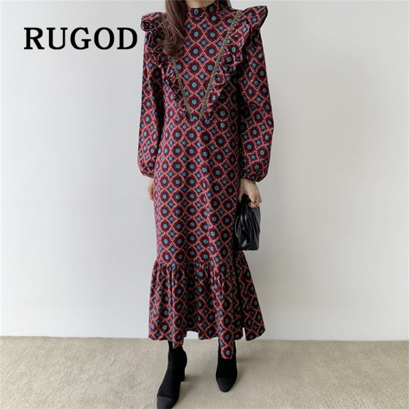 Christmas Gift  Spring Retro Korean Maxi Dress Solid Full Sleeves Top For Women Elegant Casual Loose Ladies Dresses Woman Party Night