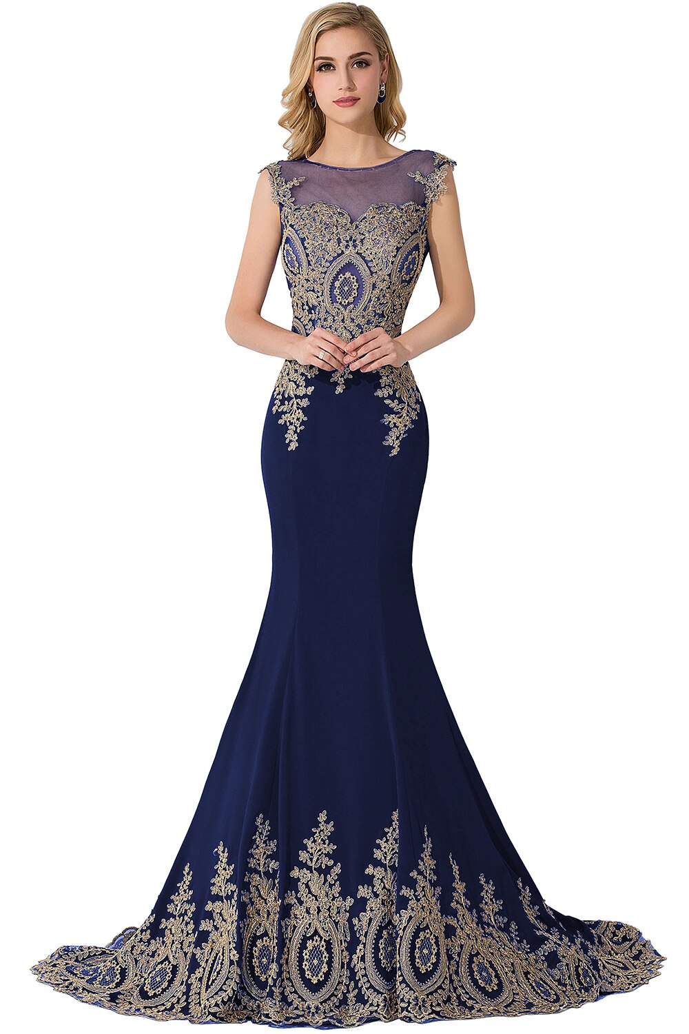 Solvbao Plus Size Blue Prom Dresses Long Women Mermaid Train Party Gown Birthday Gift Lady Luxury Gold Lace Appliques See through Back