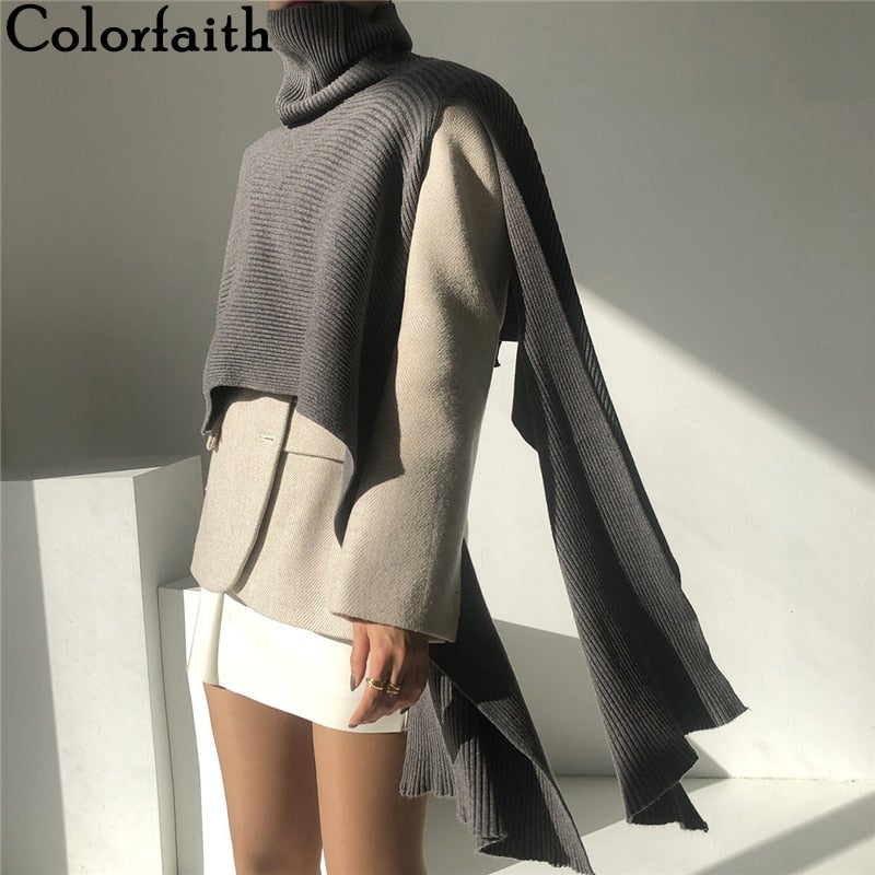 Christmas Gift  New Autumn Winter Women Sweater Sleeveless Vest Waistcoat Turtleneck Irregular Cloak Knitted Short Tops SWV3638