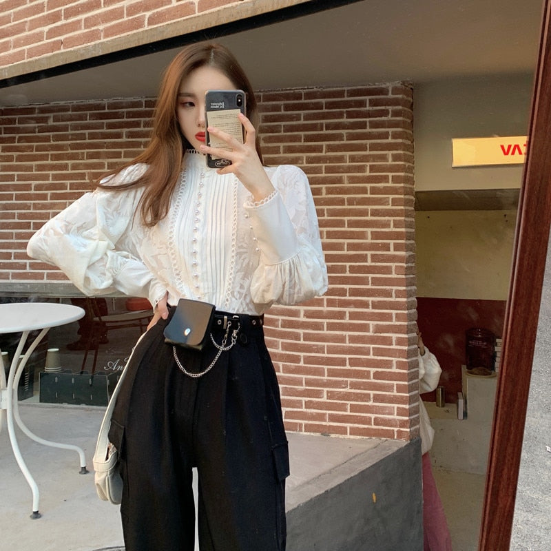 Back to college outfits Solvbao Korean Two-Piece Set Women  Winter New Temperament Stand-Up Collar Puff Sleeve Shirt Tops Female + Harem Pants Suit Female fx0615