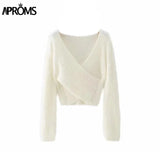 Christmas Gift Aproms Pink Fluffy Knitted Sweater Women Autumn Winter V-neck Wrap Front Basic Cropped Pullovers Fashion Outerwear Jumper