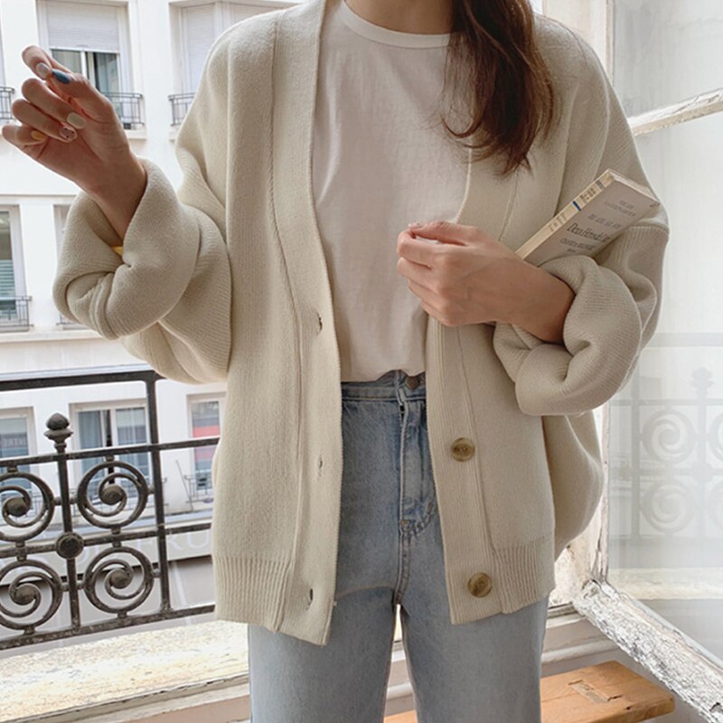 Christmas Gift  Winter Elegant Solid Women's Sweater Autumn V-Neck Buttons Cardigan Oversized Fashion Korean Knitwears Sweater Jacket 17618