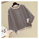 Christmas Gift Autumn Striped Knitted Hoodies Sweatshirts Women Casual Gentle Long Sleeve Loose Pullovers Patchwork O-Neck Collar Tops