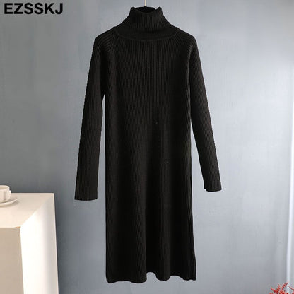 Christmas Gift  Autumn Winter long thick Sweater Dress Women turtleneck long Sleeve straight maix Dress female girl warm long dress