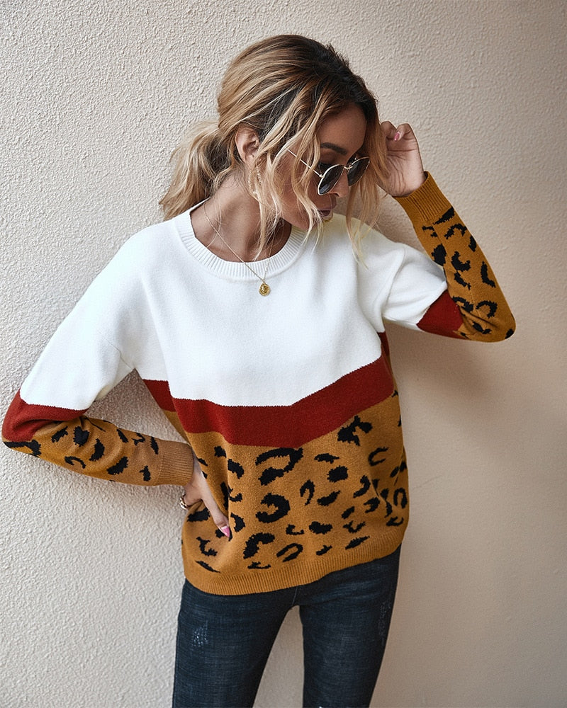 Christmas Gift  Fashion Leopard Patchwork Autumn Winter Ladies Knitted Sweater Women O-neck Full Sleeve Jumper Pullovers Top