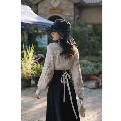 Christmas Gift 2 Piece Set Women French Elegant Suit Female Vintage Square Collar Knitted Sweater+ Bow Lace-Up Skirt Korean  Winter Outfits