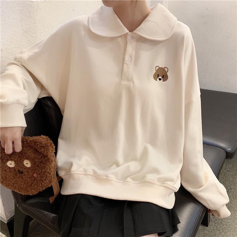 Christmas Gift Autumn Kawaii Bear Embroidery Polo Sweatshirt  Japanese Sweet Preppy Style Hoodie Women Tops Cute Clothes Alt Kpop