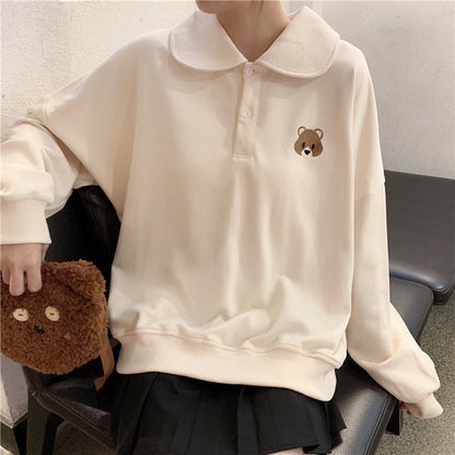 Christmas Gift Autumn Kawaii Bear Embroidery Polo Sweatshirt  Japanese Sweet Preppy Style Hoodie Women Tops Cute Clothes Alt Kpop