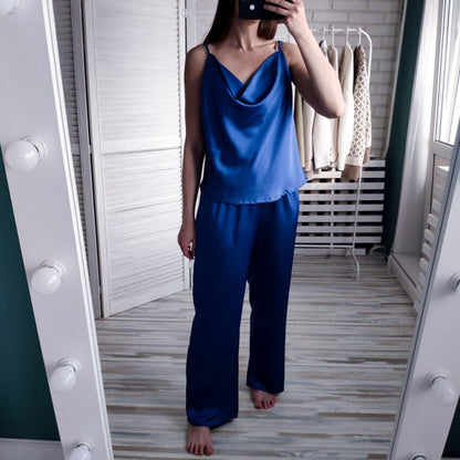 solvbao Blue Sleeveless Sexy Pyjamas For Women Sleepwear Satin Two Piece Set Elastic Waist Flare Pants Home Suit Sets Spring