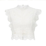 Christmas Gift Aproms White Lace Crochet Tank Tops Women Summer Sexy High Neck Hollow out Zipper Crop Top Slim Fit Tees