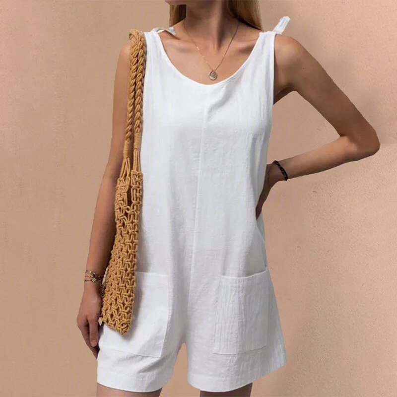 Christmas Gift  Summer Women's Jumpsuit Solid Color Sleeveless Adjustable Straps Pockets Loose Jumpsuit Dungarees Short Pants Jumpsuits