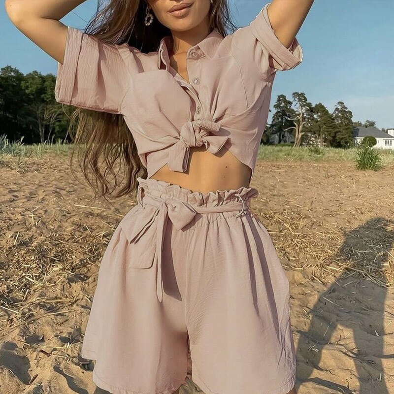 Casual Summer Shirts Two Piece Set Women Short Sleeve Button Tops And High Waist Shorts Fashion Retro Female Solid Suits Outfits