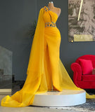 Charming Yellow One Shoulder Mermaid Evening Dresses   Sleeveless Side Split Crystals Women Pageant Dressing   Gowns  1115