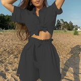 Casual Summer Shirts Two Piece Set Women Short Sleeve Button Tops And High Waist Shorts Fashion Retro Female Solid Suits Outfits