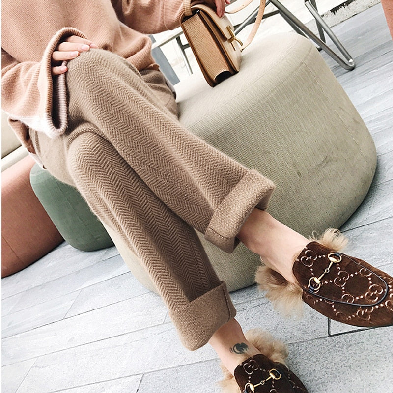 Christmas Gift  new wool pants women's autumn and winter straight pants wool cashmere pants wide leg pants high waist suspender casual pant