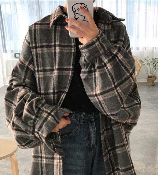 Christmas Gift  Harajuku Autumn Plaid Thin Section Wool Cardigan Korean Puff Sleeve Slim Warm Shirt Jacket Retro Casual Women Button Top