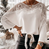 Christmas Gift  Women Autumn Sexy Lace Stitching White Shirts Vintage Plus Size Ladies Tops New Crochet Embroidery Lace Blouse Blusas 12459