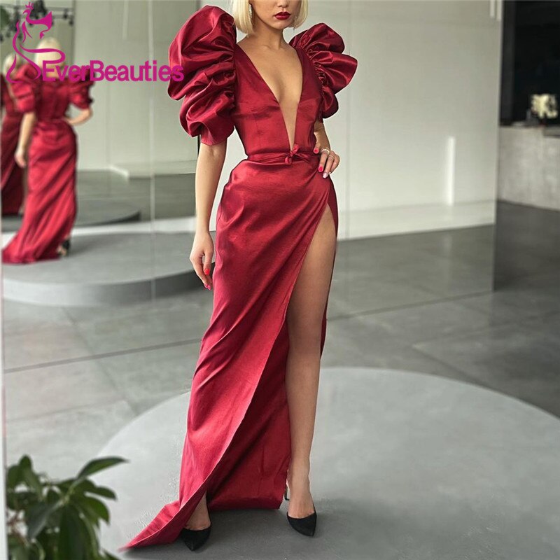 Abiballkleid Mermaid Evening Dresses  V-Neck Long Prom Gown Satin Robe De Soiree Side Split Sukienka Na Wesele