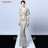 solvbao Golden Evening Dresses Mermaid Short Sleeves Sexy V Neck Evening Gown Elegant Glitter Bat Sleeves Formal Party Dress