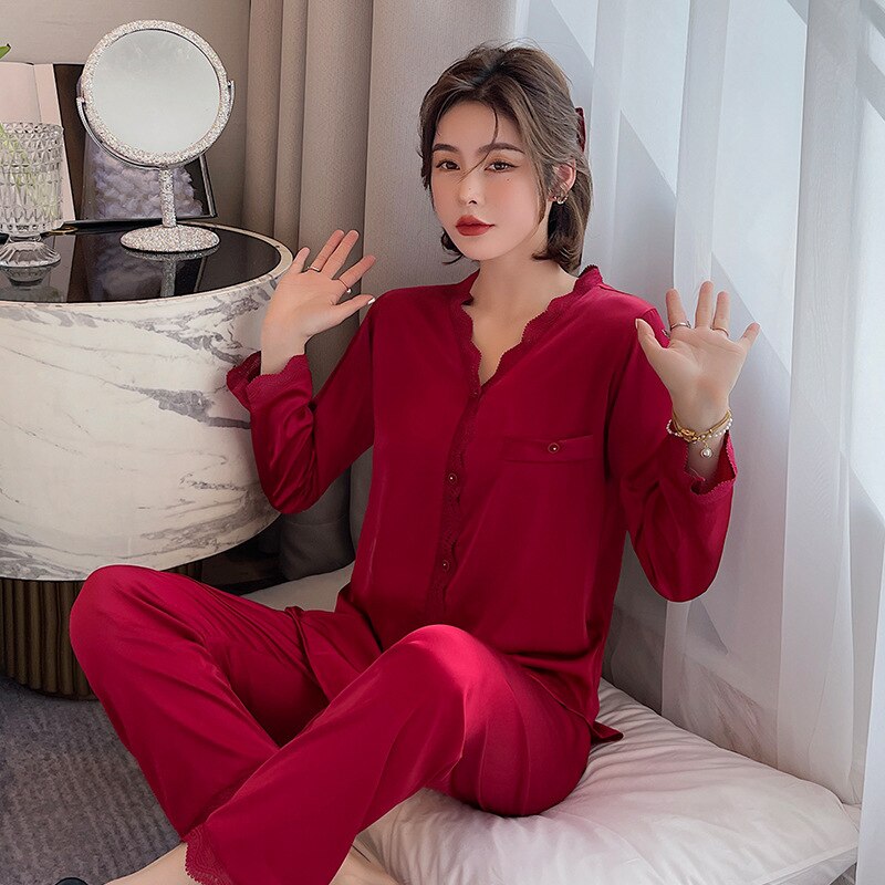 New Women's Pajamas Set Vintage V Neck Lace Sleepwear Silk Like Nightie Leisure Home Clothes Nightwear Pyjamas Femme