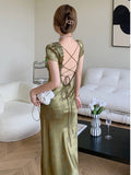 Back to school Solvbao Elegant Women Green Satin Backless Mixi Dress Palace Short Sleeve Lace V-Neck Bandage Vintage Bodycon Dress Robe Summer Vestidos fx0620