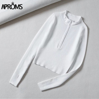 Christmas Gift Aproms Elegant High Neck Zipper Front Knitted Sweater Women Solid Basic Cropped Pullover Winter Spring Fashion Clothing Top