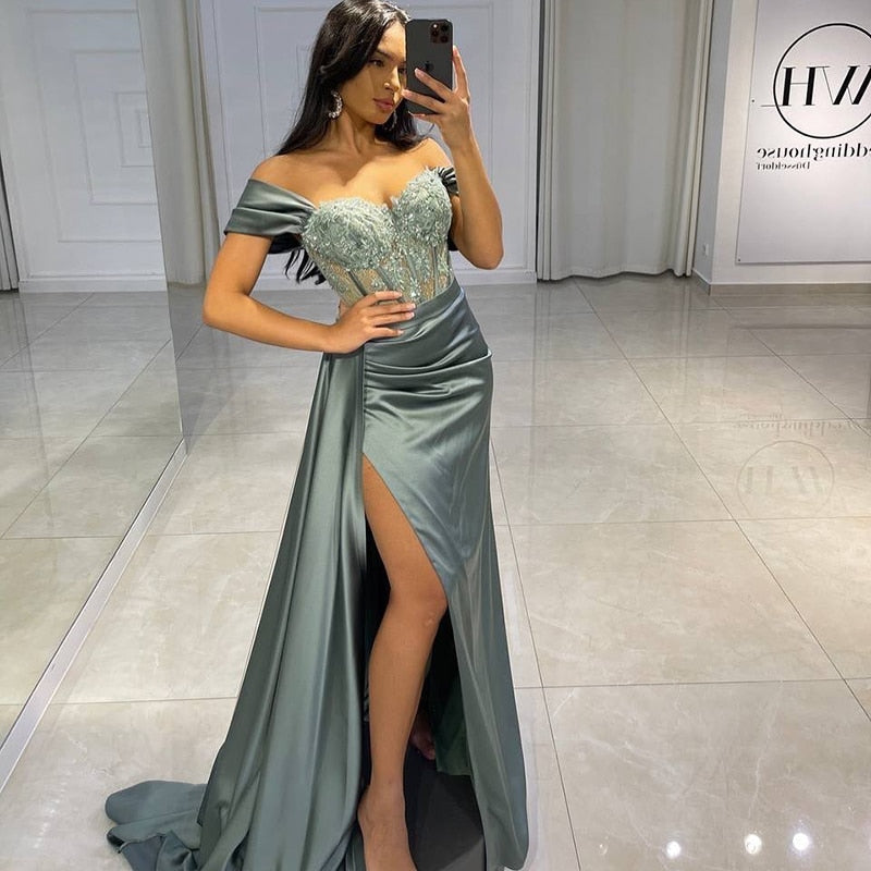 Graduation dress Sexy Prom Evening Dresses Long Off the Shoulder Party Dress  Appliques High Split Cocktail Gown Saudi Arabia Dubai