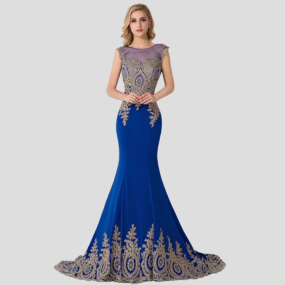 Solvbao Plus Size Blue Prom Dresses Long Women Mermaid Train Party Gown Birthday Gift Lady Luxury Gold Lace Appliques See through Back