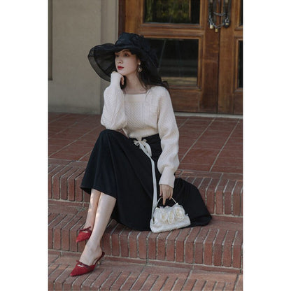 Christmas Gift 2 Piece Set Women French Elegant Suit Female Vintage Square Collar Knitted Sweater+ Bow Lace-Up Skirt Korean  Winter Outfits