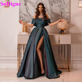 Solvbao High Side Split Satin Prom Dresses Long Evening Gowns Off The Shoulder Formal Women Dress Evening Party Wear