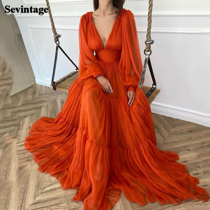 Sevintage Long Puff Sleeves Prom Dresses V-Neck Pleats Chiffon Princess Evening Gowns Women Party Dress Plus Size