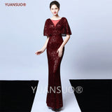 solvbao Golden Evening Dresses Mermaid Short Sleeves Sexy V Neck Evening Gown Elegant Glitter Bat Sleeves Formal Party Dress