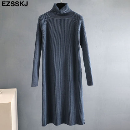 Christmas Gift  Autumn Winter long thick Sweater Dress Women turtleneck long Sleeve straight maix Dress female girl warm long dress