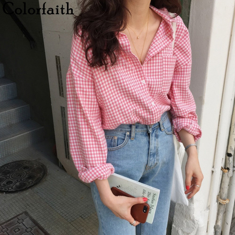 Christmas Gift  New  Women Spring Summer Blouse Shirts Plaid Fashionable Checkered Oversize Buttons Wild Sweet Pink Tops BL1023