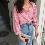 Christmas Gift  New  Women Spring Summer Blouse Shirts Plaid Fashionable Checkered Oversize Buttons Wild Sweet Pink Tops BL1023