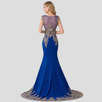 Solvbao Plus Size Blue Prom Dresses Long Women Mermaid Train Party Gown Birthday Gift Lady Luxury Gold Lace Appliques See through Back