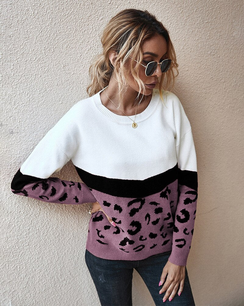 Christmas Gift  Fashion Leopard Patchwork Autumn Winter Ladies Knitted Sweater Women O-neck Full Sleeve Jumper Pullovers Top