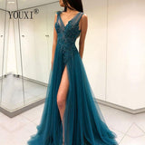 Sexy Split V-Neck Evening Dress Appliqued Beaded Pearls Long Prom Dresses Backless Formal Gown robe de soiree