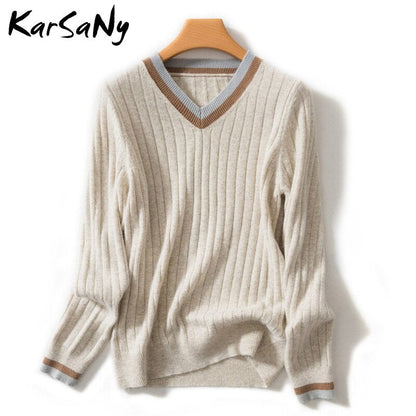 Christmas Gift Autumn V-neck Cashmere Sweater Women Vintage Jumper Blue Knitted Striped Sweaters For Women White Sweater Pullover Winter Warm