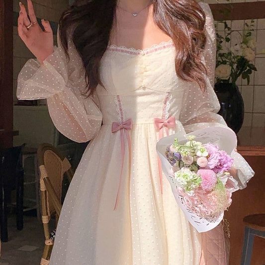 Back to college outfits Solvbao  Autumn Elegant Princess Dress Women Sweet Dot Party Long Sleeve Fairy Dress Female Casual Vintage Korean Kawaii Mini Dress fx0615