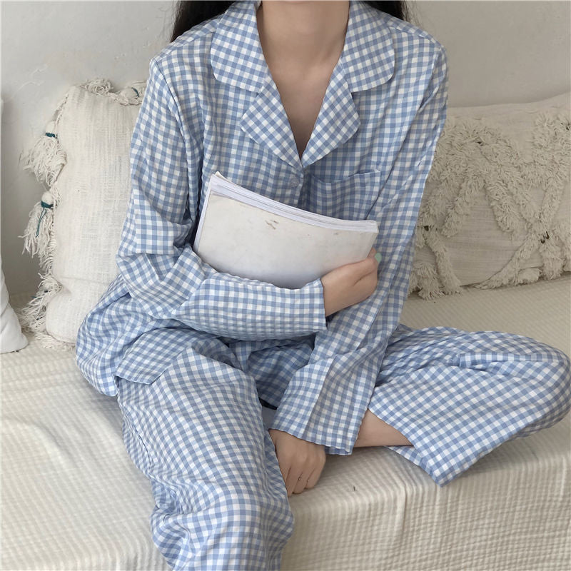 Cotton Home Suits Korean Sleepwear Plaid Print Pajamas for Women Summer  Pyjamas Girls Pijama Short and Long Sleeve Pjs Set