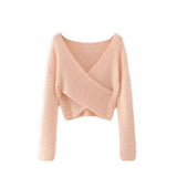 Christmas Gift Aproms Pink Fluffy Knitted Sweater Women Autumn Winter V-neck Wrap Front Basic Cropped Pullovers Fashion Outerwear Jumper